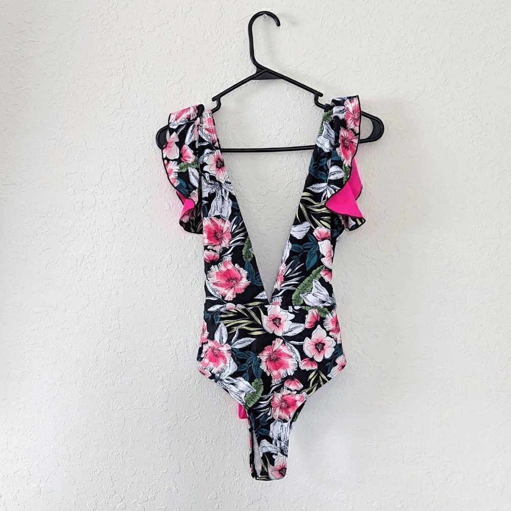 Women's SheIn One Piece Bathing Suit Monokini Ruffle Deep Plunge Small Tropical